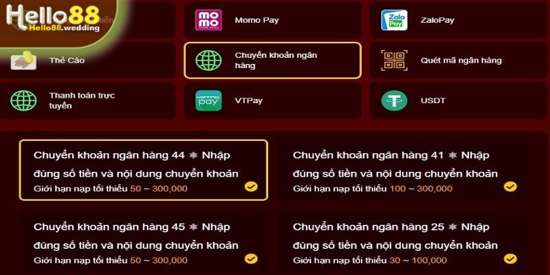 Đa dạng thể loại phương thức cách nạp tiền Hello88